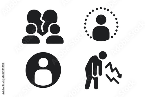 Solid filled vector icons set of 4 illustrating misinformation impact and consequences, broken trust symbol, isolated figure, social isolation concept, mental strain and emotional stress effect