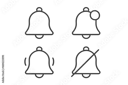 Notification bell icon set for UI and UX design. Thin line art vector illustration of alert, reminder, new message, and silent mode symbols. Editable stroke for web and apps.