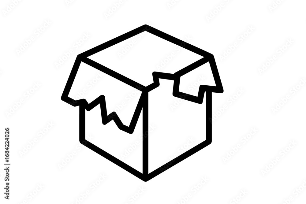 Minimalistic broken box icon, damaged cardboard container symbol, packaging concept illustration, vector cartoon graphic for apps and design, transparent background, ordered set Minimalistic broken box icon, damaged cardboard container symbol, packaging concept illustration, vector cartoon graphic for apps and design, transparent background, ordered set
