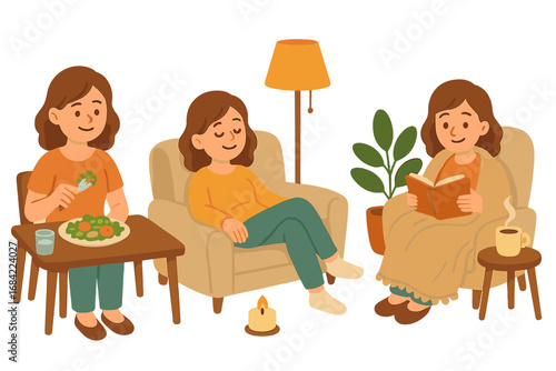 Relaxing Evening Routine with Healthy Dinner, Comfortable Relaxation in Armchair, and Cozy Reading Time at Home, Vector Cartoon Illustration with Transparent Background