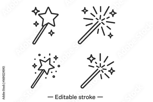 Magic wand line icon set. Editable stroke vector illustration collection. Wizard, fairy, fantasy symbol with star and sparkles. Simple outline pictogram for web and apps.