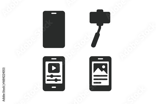 Mobile Content Icon Set - Solid Filled Vector Illustration of Smartphone Selfie Stick, Mobile Editing App, and Vertical Media Elements for Content Creation and Social Media Design