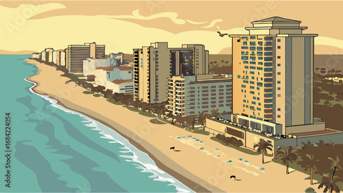 High-Rise Buildings on a Tropical Beach at Sunset Coastal Cityscape Illustration.