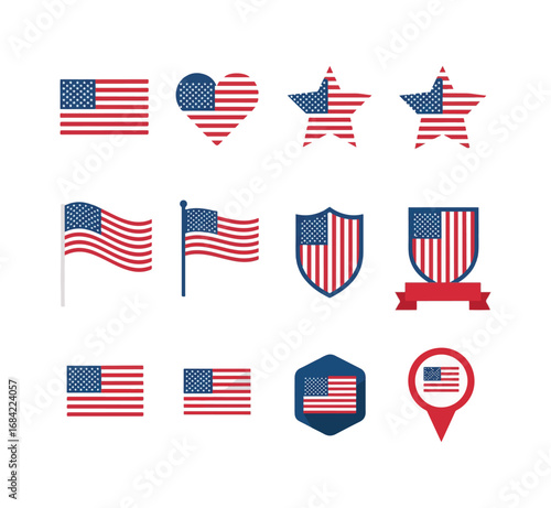 Set of American flag icons. Flat design