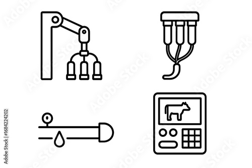 Robotic milking system icon set. Smart dairy farming automation. Agritech vector icons of robot arm, teat cups, milk pipeline, and sensor console for livestock management.