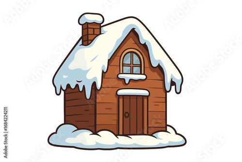 Vector illustration of a cartoon wooden house covered in snow. Cozy winter cabin or cottage icon isolated for seasonal, Christmas, or real estate concepts. For web, books, cards.