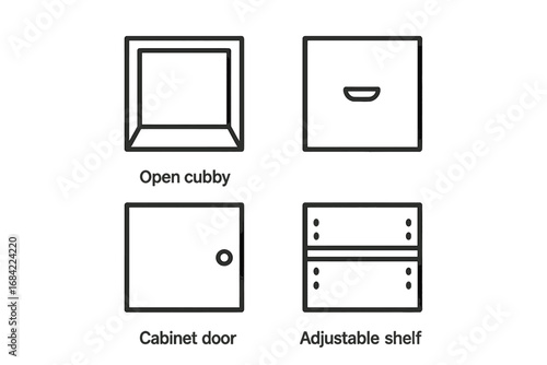 Modular storage icon set with open cubby, drawer unit, cabinet door, and adjustable shelves, vector outline symbols for furniture design and organization solutions