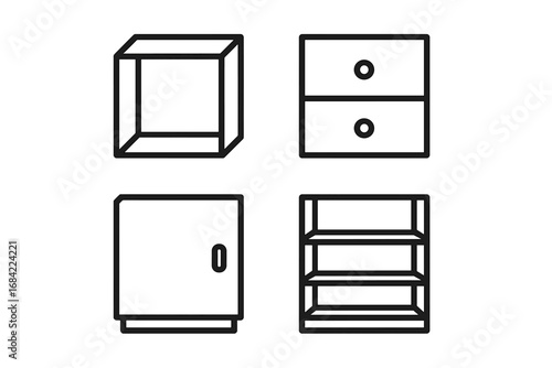 Modular storage icon set, outline style, featuring open cubby, drawer unit, cabinet door, adjustable shelf, minimalist vector illustration for organization, furniture, and interior design concepts