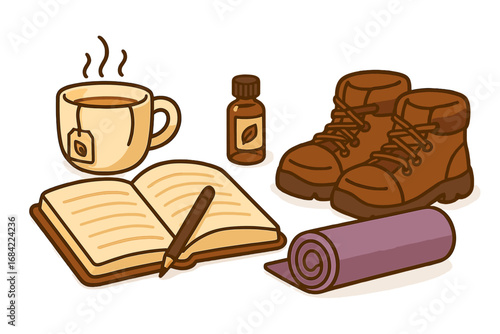 Relaxing moments with herbal tea, journal, essential oil, yoga mat, and hiking boots for mindful self-care and wellness activities, vector cartoon illustration