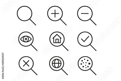 Magnifying glass line icon set. Search, zoom in, out, find, home, web, and analysis symbols. Vector outline signs for graphic design, web, apps, and UI/UX interface.