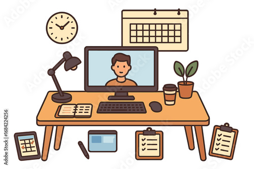 Remote work home office with video conference on computer screen. Freelancer desk workplace with planning tools, calendar, and technology for productivity. Vector concept.