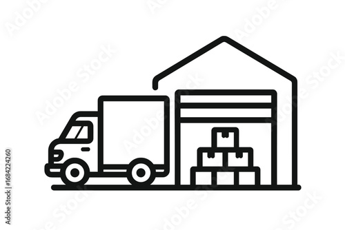 Logistics and delivery service icon with truck and warehouse. Freight transportation and cargo distribution concept. Package shipping, storage, and order fulfillment symbol vector.