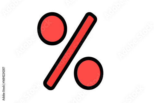 Percent symbol icon with red fill and black outline, minimalistic linear pictogram for web design, graphic apps, banners, social networks, cards, vector illustration