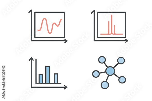 Isometric flat molecular icon grid set of 4 including spectroscopic molecular analysis, infrared spectrum graph, NMR spectrum, mass spectrometry vector illustration on transparent background