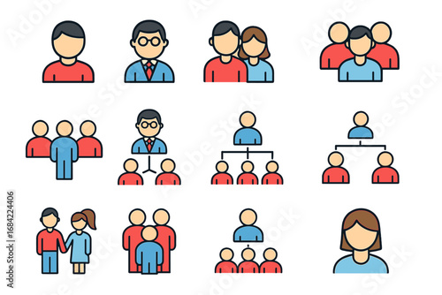 Related simple sign set with people icons, employers, couples, hierarchy charts for graphic design, websites, cards, books, articles, vector cartoon illustration collection