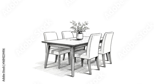 Stylized dining area illustration with table, chairs and potted plant
