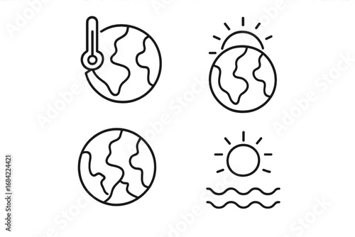 Global warming and climate change icon set. Planet Earth with thermometer, sun, and ocean waves. Ecology and environmental disaster concept. Minimal vector line art symbols.