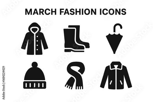 Spring & autumn fashion icon set. Solid glyph icons of rainy cold weather essentials like raincoat, boots, umbrella, knit hat, scarf, jacket. Outdoor apparel vector symbols.