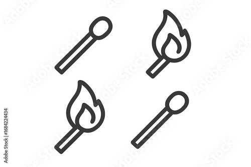 Matchstick outline icon set. Burning match with fire flame and unlit matchstick. Simple vector line symbol collection for ignition, heat, danger, warning, bonfire, idea, energy.