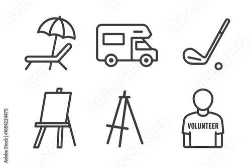 Retirement lifestyle outline icons set with beach lounger and umbrella, RV camper van, golf club and ball, art easel and tripod, volunteer person, editable vector illustration