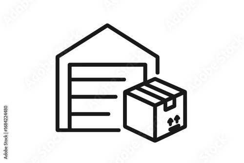 Warehouse and box thin line icon. Vector concept for logistics, delivery, storage, and shipping. Distribution center, inventory management, parcel, and e-commerce fulfillment.