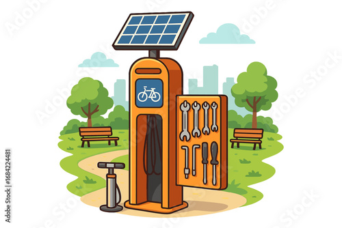 Vector illustration of a public bike repair station with tools and pump. Self-service maintenance point for cyclists in a city park. Eco-friendly with solar panel. Urban mobility concept.