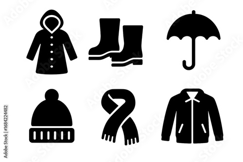 Rainy day fashion icon set. Autumn weather essentials glyph collection. Vector silhouette icons of raincoat, wellington boots, umbrella, knit hat, scarf and light jacket.