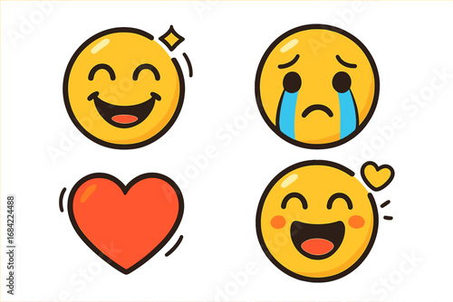 Cute cartoon emoji set with various emotions. Vector emoticon collection with happy smile, sad crying face, love heart symbol, and joyful expression. Flat character icons.