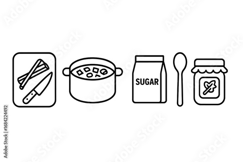 Rhubarb Jam Preparation Icons, Outline Vector Set with Chopping Board, Knife, Cooking Pot, Sugar Bag, Wooden Spoon, Mason Jar, Homemade Preserves and Cooking Tools Illustration