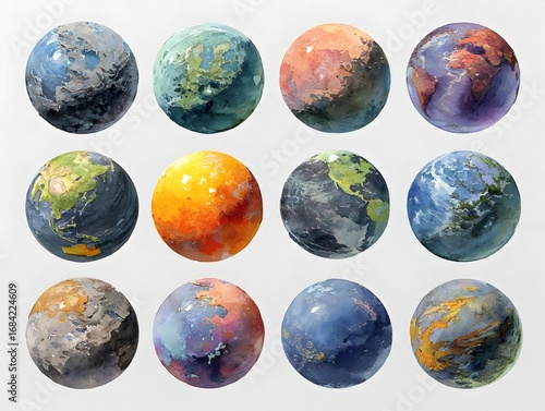 Wallpaper Mural Twelve watercolor globes display planetary diversity against a seamless white background, isolated elements. Torontodigital.ca