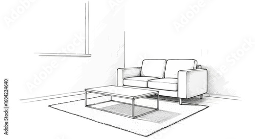 Elegant interior sketch: Cozy couch and minimalist coffee table ambiance