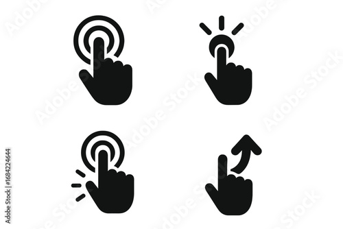 Hand gesture icon set for UI and UX design. Finger touch, tap, click, and swipe up symbols. Pointer icons for mobile app interface or touchscreen. Simple flat vector signs.