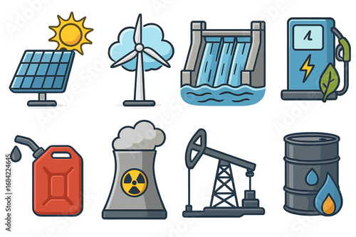 Energy icons set. Renewable and non-renewable sources. Green power vs fossil fuel. Solar panel, wind turbine, hydro dam, electric charging, nuclear, oil pump. Vector symbols.