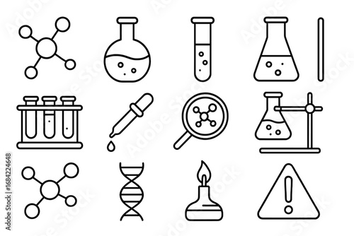 Chemistry science line icon set. Molecule, DNA, test tube, flask, lab equipment symbols. Vector outline collection for research, education, and experiment concepts.