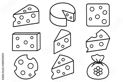 Cheese outline icon set. Collection of various dairy food product pictograms. Includes swiss cheese, cheddar block, parmesan wheel. Linear vector for web, graphic design.
