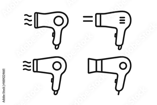 Hair dryer line icon set. Blow dryer symbol collection. Minimalist linear pictogram bundle for beauty salon, hairstyling, web design, apps. Vector graphic illustration.