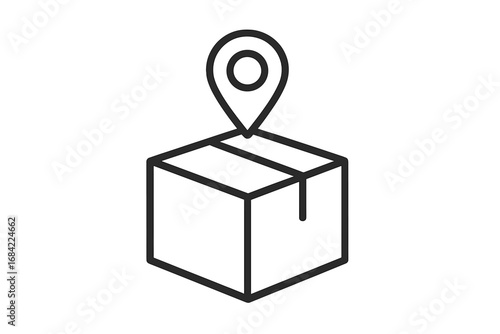 Package tracking location icon. Delivery service pin on cardboard box. Shipping destination symbol for logistics, e-commerce. Order delivery address point vector illustration.