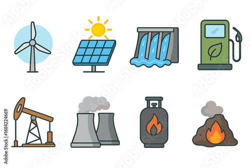 Energy icon set showing renewable and non-renewable sources for generating electricity and fuel. Vector collection of power technologies: wind, solar, hydro, biofuel, oil, gas.