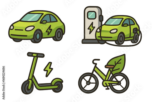 Electric vehicle and eco transport icon set. Green energy mobility concept with EV car, charging station, electric scooter, and bicycle. Sustainable transportation vector icons.