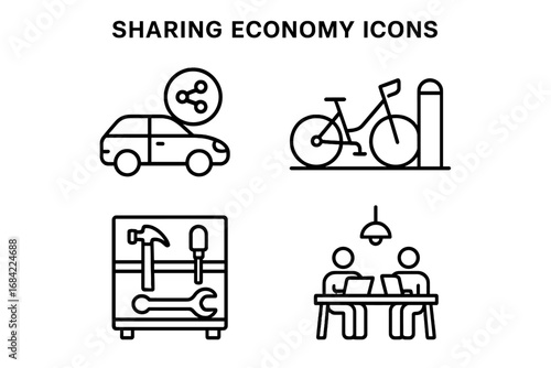 Sharing Economy Icons Set, Outline Vector Illustration of Car Sharing Vehicle, Bike Share Station, Tool Library Shelf, Coworking Space Symbols, Transparent Background