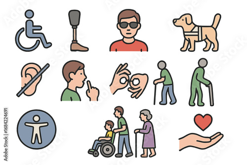 Accessibility and disability filled icon set. Inclusivity, diversity, and special needs concepts. Vector collection with blind, deaf, amputee, and wheelchair user icons.