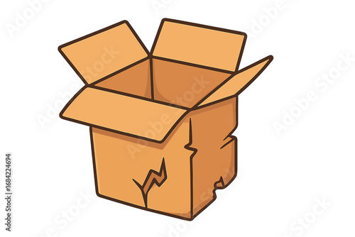Broken cardboard box icon, cracked carton packaging symbol, damaged shipping container illustration, vector cartoon graphic with transparent background, delivery packaging concept