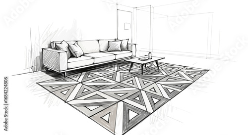 Artistic Sketch of a Modern Living Room with Geometric Rug Design