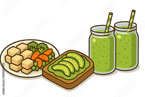 Vegan healthy meal options with tofu cubes, fresh broccoli, carrots, avocado toast, and green smoothies, simple background, vector cartoon illustration, transparent