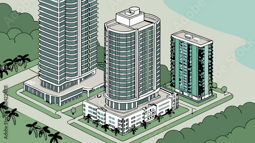 High-rise Buildings Aerial View Modern Architecture Cityscape Illustration Urban Development Tropical Landscape Isometric Design Condo Buildings Real Estate Property Development Apartment Complex Arc.
