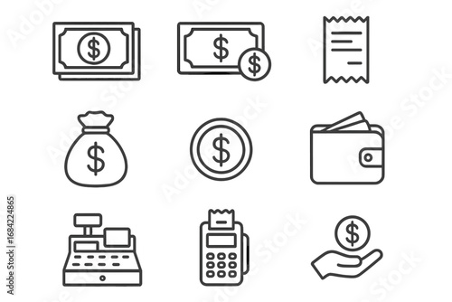 Money thin line icon set including cash register, receipt, wallet, coin, and financial symbols for graphic design, web apps, advertising, and business cards vector illustration