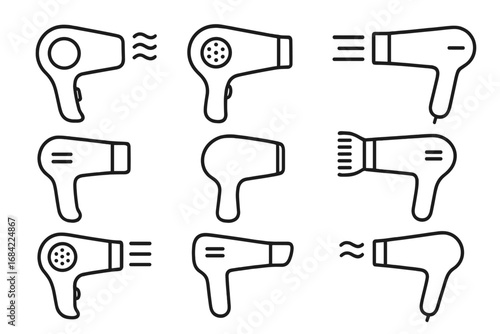 Hair dryer line icon collection. Minimalist linear pictogram set for web and graphic design. Hairdryer, blowdryer symbols for beauty salon, care, style. Vector outline.