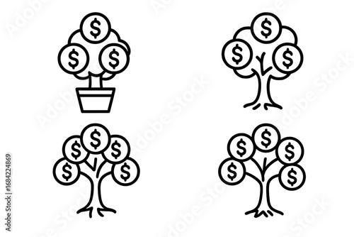 Money Tree Outline Icon Collection, Editable Stroke Vector Set for Financial Infographics, Articles, Books, Flyers, Banners, Investment Concept, Wealth Growth, Dollar Sign Tree, Cartoon Style