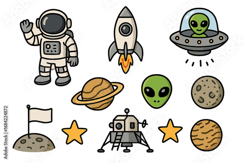 Space exploration icon set with astronaut, alien in UFO, rocket, planets, and stars. Cute cartoon vector collection of cosmic elements. Doodle style graphic symbols for design.