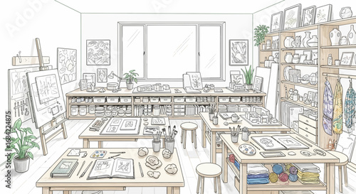 Bright art studio interior with desks, art supplies, and natural light